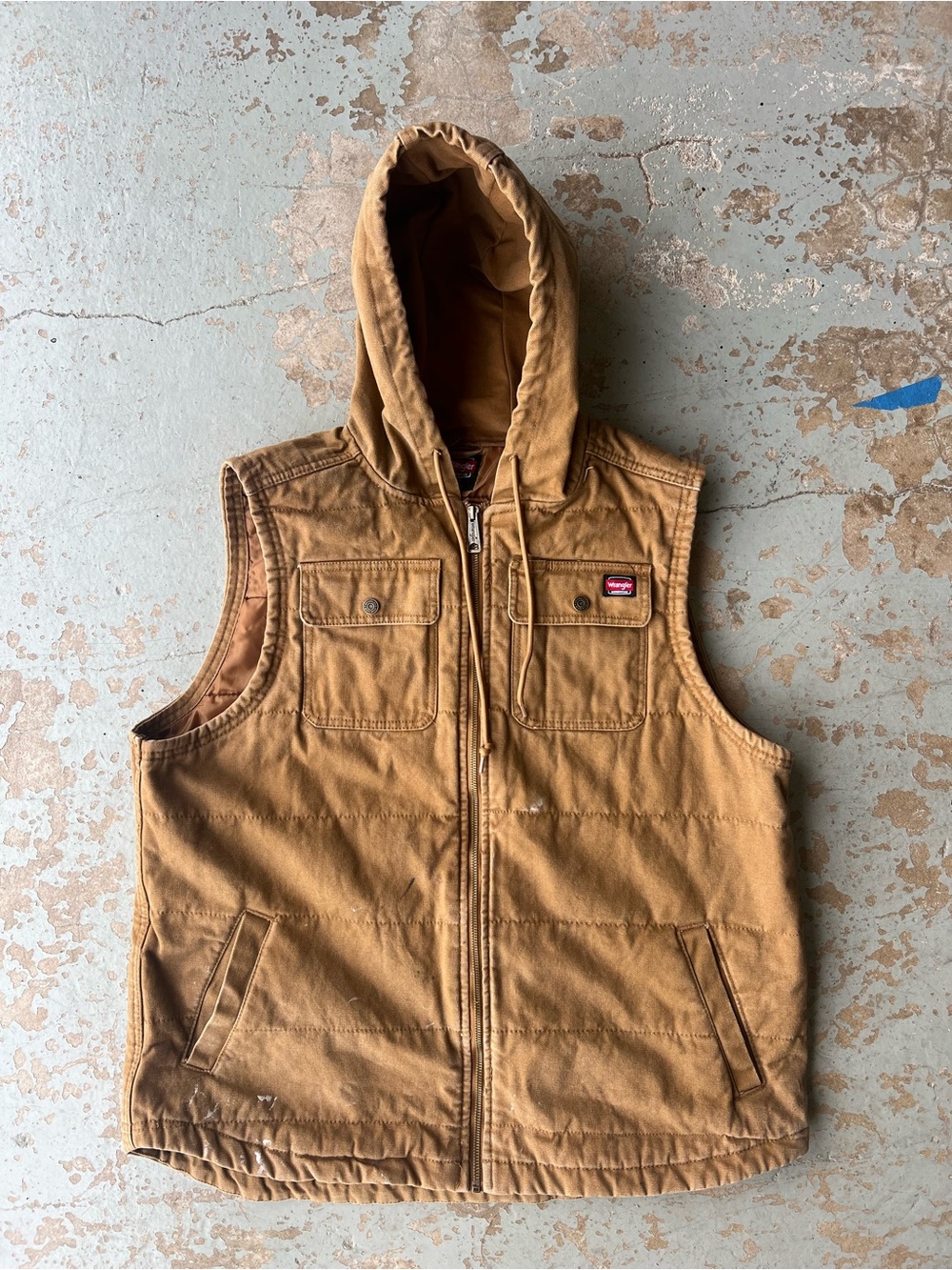 XL Wrangler Utility Hooded Canvas Duck Vest Quilted Lined Brown Distressed